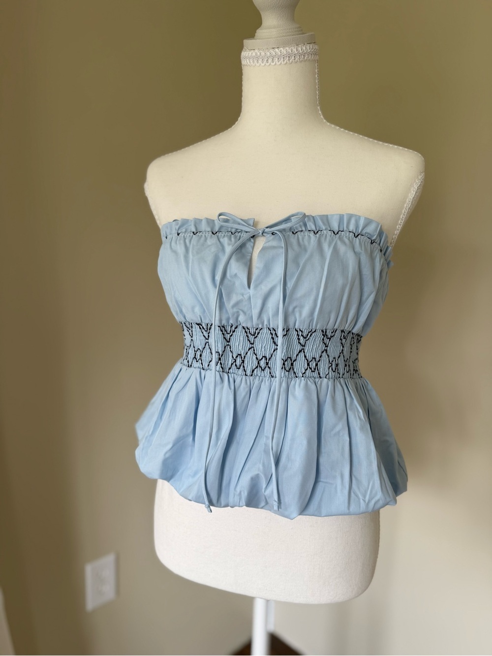 NEW Zara Tube Top Blue Strapless Smocked Waist Peplum Camisole Bow Summer Sundr